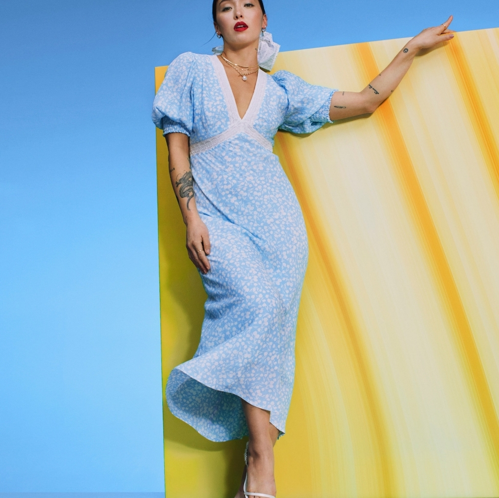 Rixo x Target Blue floral puff sleeve dress